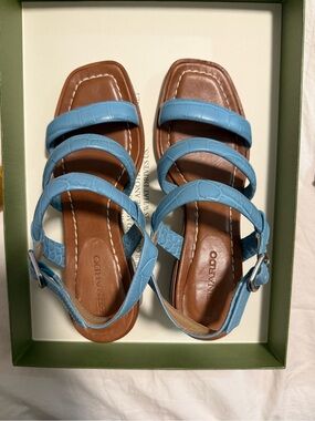 Bernardo Sky Blue Croc-Embossed Strappy Sandals for Women